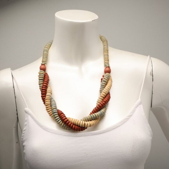 Vintage Twisted Wood Bead Necklace 3 Strand Retro Boho Brown Cream Blue - Picture 4 of 9